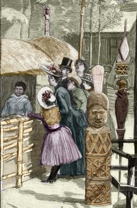 Všeobecná výstava 1889 - Vesnice Canaque na Esplanade des Invalides (Canaques vystaveny během výstavy: Lidská zoo) - Kresba Louise Tinayrea (1861-1942) - v “”Le Monde Illustré””” z 22.7.1889.