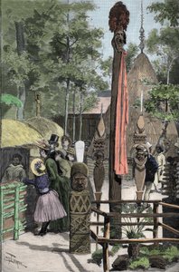 Všeobecná výstava 1889 - Vesnice Canaque na Esplanade des Invalides (Canaques vystaveny během výstavy: Lidská zoo) - Kresba Louise Tinayrea (1861-1942) - v “”Le Monde Illustré””” z 22.7.1889.