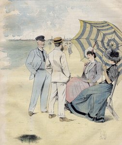 Mořské koupele: na pláži. od L. Vallet Watercolor. 1892.