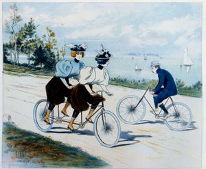 Nedělní procházka. Jízda na kole: muž na kole se dívá na dvě ženy na tandemu. Kresba Louis Vallet (1856 -?)