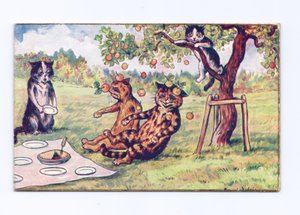 Viktoriánské přání jablka padajícího na dvě kočky na pikniku, kolem roku 1880 od Louis Wain
