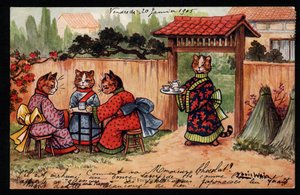 Zvířata v lidském držení těla. Kočka v kimonu pije čaj v japonské zahradě. Pohlednice. Chromolitograf od Louise Waina (1860-1939), anglického umělce známého svým zobrazením koček s velkýma očima. Začátek 20. století. Sbírka pr od Louis Wain