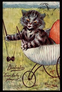 Diabolo. Hraje to i miminko. Zvířata v lidském držení těla. Kotě si hraje s diabolem v kolébce. Pohlednice. Chromolitograf od Louise Waina (1860-1939), anglického umělce známého svým zobrazením koček s velkýma očima. Začátek 20 od Louis Wain