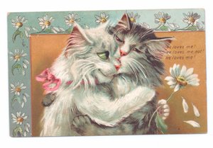 Edwardiánská pohlednice dvou koček, které se objímají, kolem roku 1910 od Louis Wain