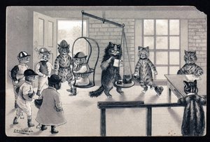 Využíváme dobrého počasí. Zvířata v lidském držení těla. Kočičí žokej se váží na váze. Pohlednice. Chromolitograf od Louise Waina (1860-1939), anglického umělce známého svým zobrazením koček s velkýma očima. Začátek 20 od Louis Wain