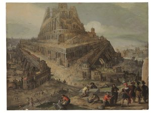 Král Nimrod nařizuje stavbu babylonské věže (olej na desce) od Louis de (circle of) Caullery