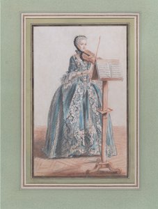 Žena hrající na housle, při pohledu zepředu, ca. 1758-59.