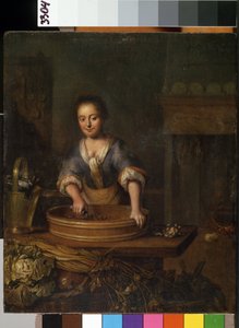 ""Kuchař"" (Kuchař) Mladá kuchařka ve venkovské kuchyni připravuje zelí. Obraz Louis de Moni (1698-1771) Mikalojus Konstantinas Ciurlionis Fine Arts Museum, Kaunas, Litva