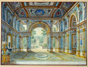 Portico paláce, který se otevírá do parku. Rytina Louis De Saint Ange (1780-1831) od Louis de Saint-Ange Desmaisons