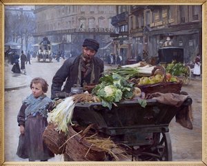 Obchodník čtyř ročních období v Paříži. Za ním Hotel du Louvre (1. obvod) Obraz Louis Marie de Schryver (1862-1942), olej na plátně
