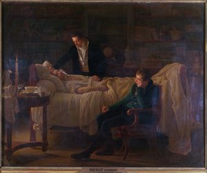 Marie Francois Xavier Bichat (1771-1802) umírá obklopena lékaři Esparonem a Philibertem Josephem Rouxovými (1780-1854)