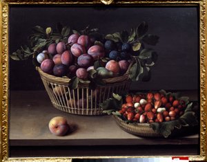 Broskev, jahody a košík ovoce Obraz Louise Moillon (1610-1696) Toulouse ze 17. století, Musee des Augustins
