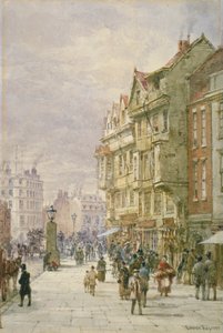 Pohled na východ podél Holbornu s postavami a vozidly taženými koňmi na ulici, Londýn, 1875 od Louise Rayner
