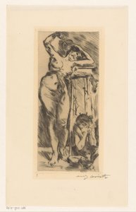 Ženský akt s vějířem v ruce a skrčenou postavou po její pravici od Lovis Corinth (signed by artist)