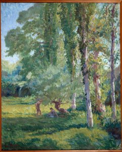 Pár na trávě pod topolem Obraz od Loyse Prata (1879-1934), 20. století. Olej na plátně. Donzere, radnice.