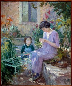 Madame Prat a její dcera v zahradě Obraz Josepha Loyse Prata (1879-1934), 20. století. Starosta Donzere.
