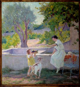 Madame Prat a její dcera v zahradě s kozičkou Malba Josepha Loyse Prata (1879-1934), 20. století. Starosta Donzere.