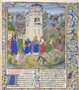 Pevnost víry Miniatura svatých Řehoře, Augustina, Jeronýma a Ambrože bojujících s démony, konec 15. stol. od Loyset Liedet