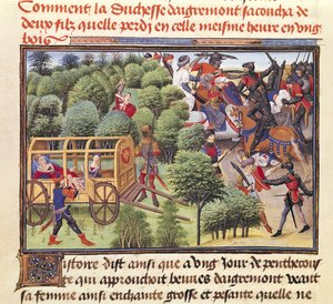 Ms 5072 f.6v Jak vévodkyně z Aigremontu porodila dva syny a ztratila je ve stejnou hodinu v lese, z cyklu Renaud de Montauban od Loyset Liedet
