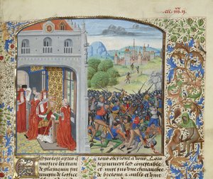 Korunování papeže Řehoře XI a bitva u Pontvallainu, 1370, cca 1470-1475. od Loyset Liedet