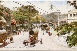 A Street Scene, Pettah, Colombo, Ceylon, c.1900-20 (ručně kolorovaná fotografie)