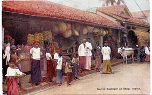 Native Boutique or Shop, Ceylon, cca 1900-20 (ručně kolorovaná fotografie)