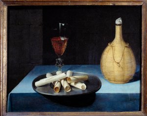 Zátiší oplatka dezert sušenky, láhev vína a sklenice. Obraz Lubina Baugina (1612-1663) 17. století Sun. 0,41x0,52 m .