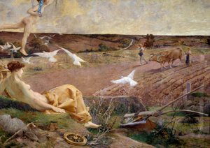 Fortune alegorické znázornění hojnosti a plodnosti. Rolník orající jeho pole v pozadí. Detail. Malba maroufle na omítce od Luca Oliviera Mersona (1846-1920) 1901 Ne. 2,22x2,9 m Paříž, musee d