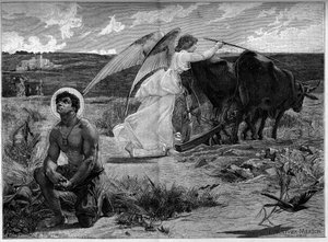 Svatý Isidor, patron oráčů. Anděl pomáhá svatému Isidorovi orat pole pluhem. 19. století. Rytina podle obrazu Luca Oliviera Mersona (1846-1920). V „The Illustrous World““ č. 1294 z 21. ledna