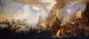 Námořní bitva se sardinskými a benátskými válečnými loděmi a sardinskými a egyptskými (?) galérami v popředí,