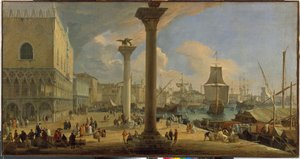 Le Molo et le palais des Doges (Venise, Italie) - Peinture de Luca Carlevaris (1663-1730), huile sur toile, vers 1710, 64x121 cm - The Molo with the Ducal Palace, Oil on canvas by Luca Carlevaris - State Hermitage, St Petersburg   1325196   cs       czech 