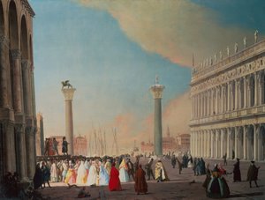 Piazzetta, Benátky, při pohledu na jih z přední části fasády San Marco (olej na plátně) od Luca Carlevaris