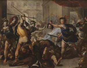 Perseus přeměnil Phinease a jeho následovníky na kámen, počátek 80. let 17. století od Luca Giordano