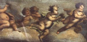 Putti disporting (papír na plátně) (detail na levé straně) (viz také 67087-90) od Luca Giordano