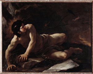 Pokušení svatého Benedikta, který se vrhá do ostružiní, aby se vyhnul pokušení) Malba Lucy Giordana (1634-1705) Museo dell