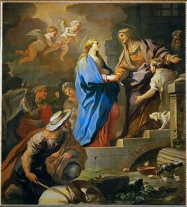 Návštěva. Svatá Marie navštěvuje Alžbětu, Zachariášovu manželku a matku svatého Jana Křtitele (malba na plátně) od Luca Giordano