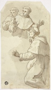 Tři vyděšení mniši, jeden klečící, dva stojící od Luca Giordano