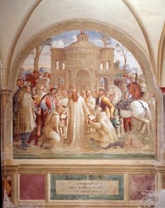Benedikt posílá Maura do Francie a Placida na Sicílii (Benedikt posílá Maura do Francie a Placid na Sicílii) Freska kláštera od Lucy Signorelliho vyprávějící o životě svatého Benedikta z Nursie (480 - 567), zakladatele řádu benediktinů 1497- od Luca Signorelli