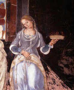 Benedikt řekl mnichům, kde a kdy jedli mimo klášter Detail Klášterní freska od Lucy Signorelliho (1445 cca-1523) vyprávějící o životě svatého Benedikta z Nursie (480-567), zakladatele řádu Benediktinů 1497-1498 Abbey of Monte Oli od Luca Signorelli
