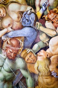 Zatraceni v pekle, detail s autoportrétem Lucy Signorelliho v přestrojení za modrého démona, z cyklu fresek Poslední soud od Luca Signorelli