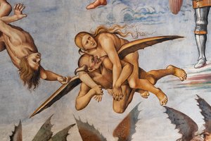 K čertu, detail létajícího démona, který nese na ramenou prosperující hříšnici a dívá se zpět k jejímu úsměvu, evidentně spokojený s kořistí od Luca Signorelli