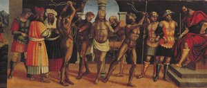 Bičování, detail desky predely z oltářního obrazu Trojice s Madonou a dítětem a SS. Augustina a Anastázie od Luca Signorelli
