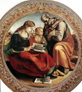 Svatá rodina. Obraz Luca Signorelli (1450-1523), kolem 1495. Tondo. Olej na plátně. Průměr: 124 cm. Florencie, Galerie Uffizi (Florencie, Muzeum Uffizi) od Luca Signorelli