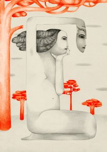 Surrealistická zamyšlená žena