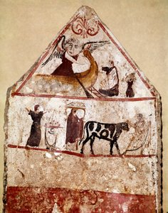 Býk vede na obětním oltáři lucanská freska ze 4. století př. n. l. z nekropole Andriuolo v italském Paestu. Museo nazionale archeologico, Paestum