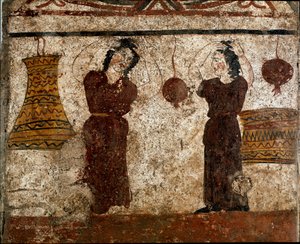 Skupina tanečníků během pohřebního obřadu lukánská freska ze 4. století před naším letopočtem z nekropole Paestum v Itálii. Museo nazionale archeologico, Paestum