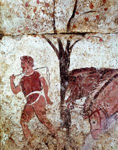 Rolník táhnoucí dva koně lucanská freska ze 4. století př. n. l. z nekropole Paestum v Itálii. Museo nazionale archeologico, Paestum