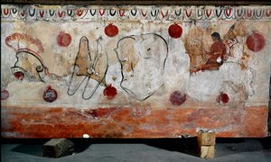 Jezdec a různé prvky jeho brnění lucanská freska ze 4. století př. n. l. z nekropole Paestum v Itálii. Museo nazionale archeologico, Paestum