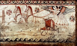 Vítězství vedené velkou lucanskou freskou ze 4. století před naším letopočtem z nekropole Paestum v Itálii. Museo nazionale archeologico, Paestum