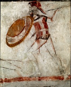 Válečník s kopím a štítem lucanská freska ze 4. století př. n. l. z Hrobky jezdce, naleziště Paestum, Itálie. Museo nazionale archeologico, Paestum